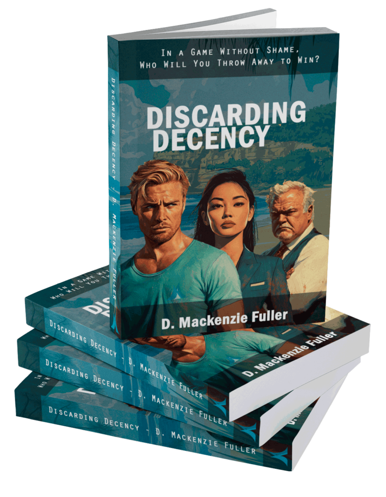 Discarding Decency - Thriller Novel by D. Mackenzie Fuller. Books Stacked.